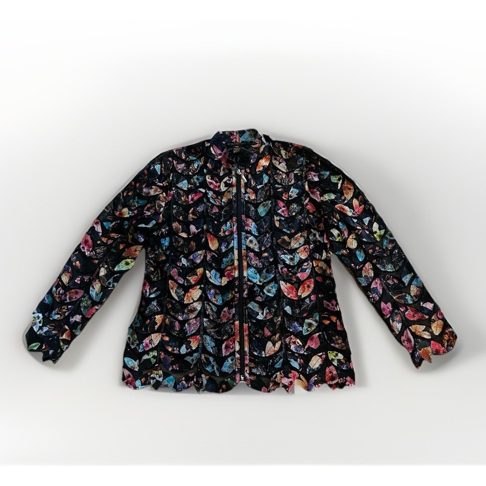 Belgin Francis Lamb Leather Zip Jacket Size XXL Leaf Print Pattern Mesh Colorful